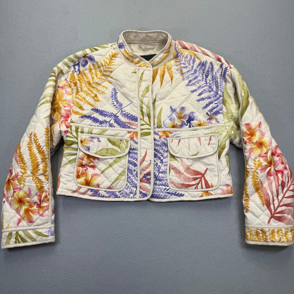 7 For All Mankind Womens Quilted Cropped Jacket Tropical Floral Cream Small NWT